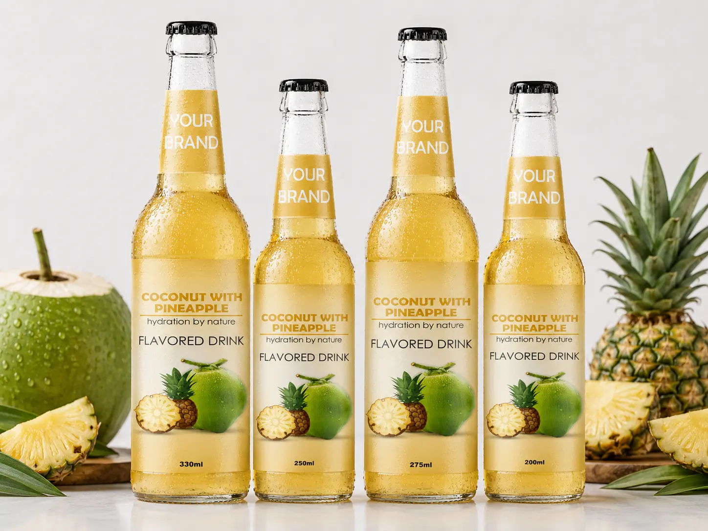 COCONUT FLAVORED DRINK pineapple flavour shown in 330ml, 250ml, 275ml, and 200ml bottles.